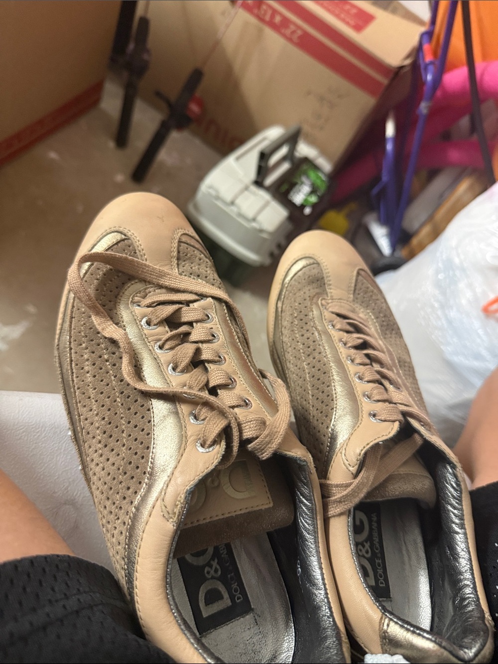 Dolce & Gabbana Tan Perforated Suede & Leather Sneakers